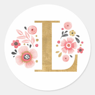 Elegant Rosa Blommigt Monogram Initial Guld Brev L Runt Klistermärke