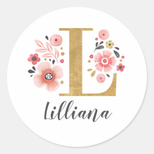 Elegant Rosa Blommigt Monogram Initial Guld Brev L Runt Klistermärke