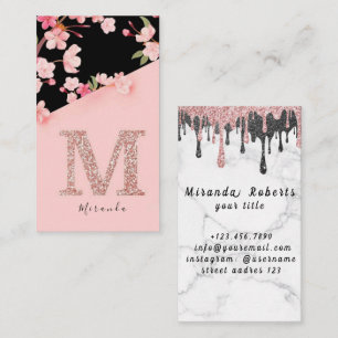 Elegant Rosa Blommigt Monogram Initial Guld Brev M Visitkort