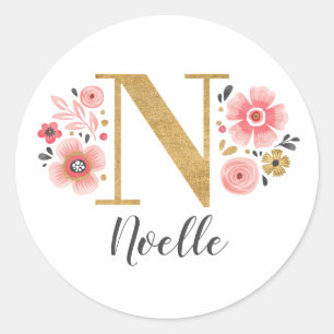 Elegant Rosa Blommigt Monogram Initial Guld Brev N Runt Klistermärke