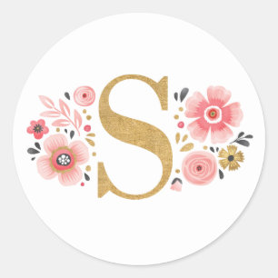 Elegant Rosa Blommigt Monogram Initial Guld Brev S Runt Klistermärke