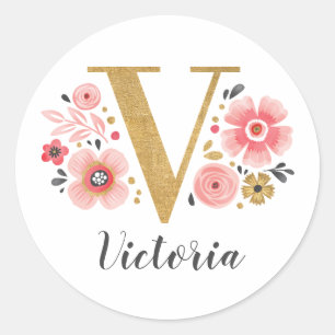 Elegant Rosa Blommigt Monogram Initial Guld Brev V Runt Klistermärke