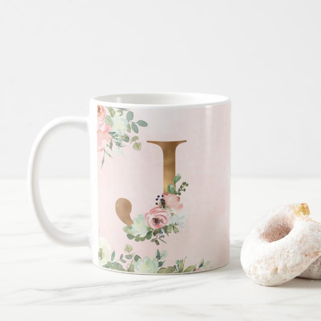 Elegant Rosa Blommigt Monogram J Coffee Mugg (Med munk)