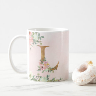 Elegant Rosa Blommigt Monogram L Kaffe Mugg