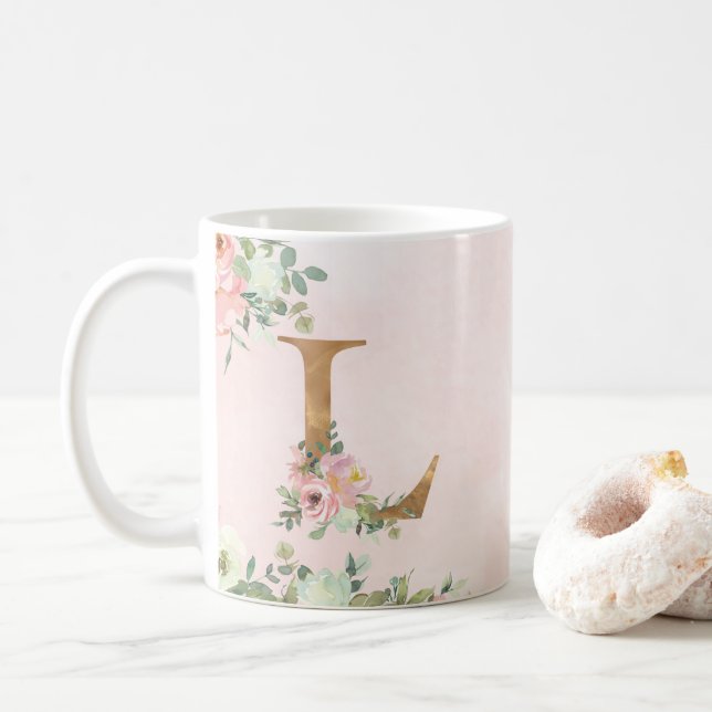 Elegant Rosa Blommigt Monogram L Kaffe Mugg (Med munk)
