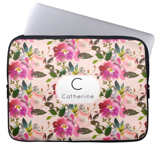 Elegant Rosa Blommigt Monogram Laptop sleeve (Framsidan)