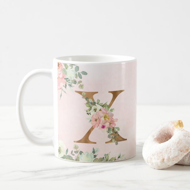 Elegant Rosa Blommigt Monogram X kaffe Mugg (Med munk)