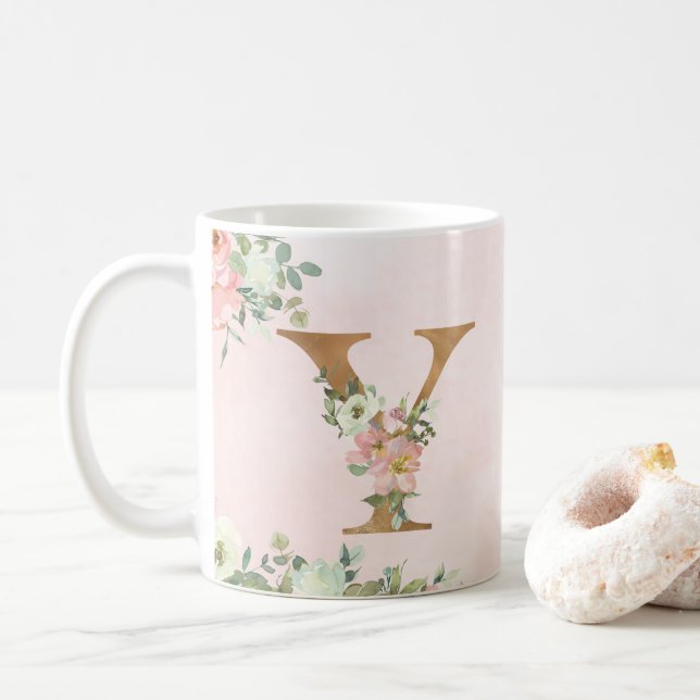 Elegant Rosa Blommigt Monogram Y-kaffe Mugg (Med munk)