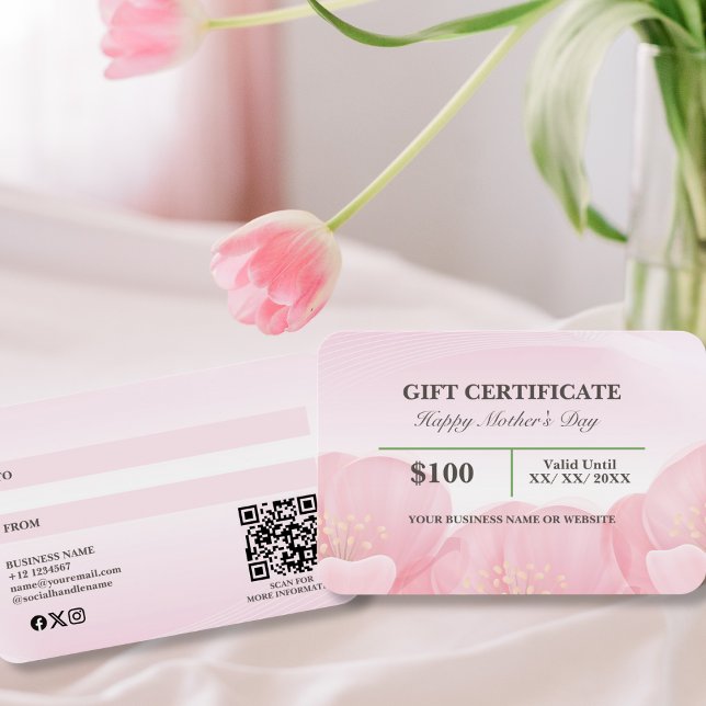 Elegant Rosa Blommigt Mors dag Gift Certificate Visitkort (Skapare uppladdad)