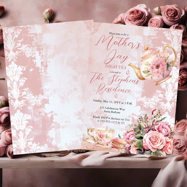 Elegant Rosa Blommigt Mors dag High Tea Inbjudningar (Elegant Pink Floral Teapot and Tea Cup Mother's Day High Tea Invitation)