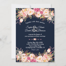Elegant Rosa  Blommigt Navy Blue Bröllop Inbjudningar