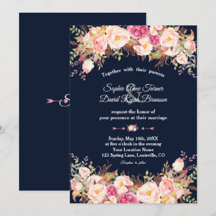 Elegant Rosa Blommigt Navy Blue Bröllop Inbjudningar