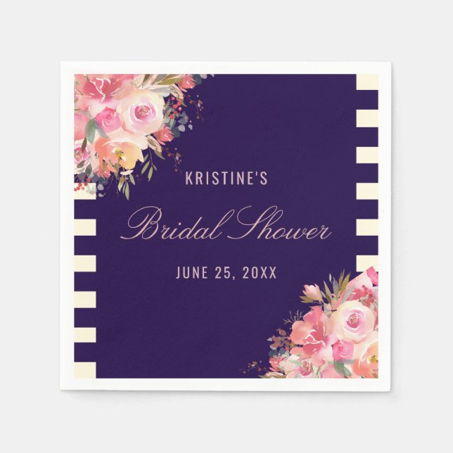 Elegant  Rosa Blommigt Navy Blue Rand Pappersservett (Framsidan)