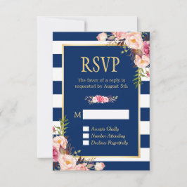 Elegant Rosa Blommigt Navy Blue Rand Reply OSA Kort