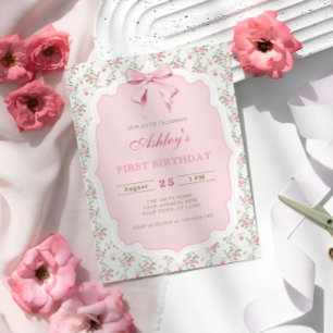 Elegant Rosa Blommigt och Bow Girl Birthday Inbjudningar