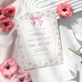 Elegant Rosa Blommigt och Bow Girl Birthday Inbjudningar
