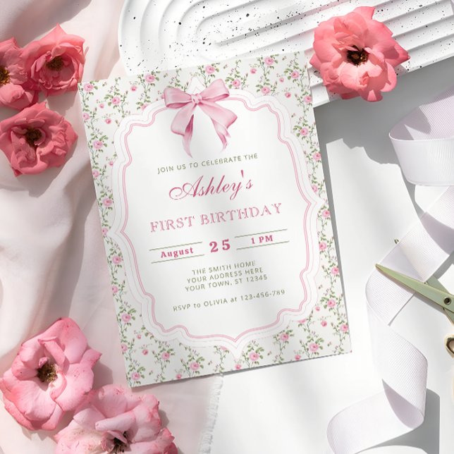 Elegant Rosa Blommigt och Bow Girl Birthday Inbjudningar (Skapare uppladdad)