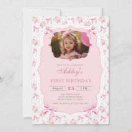 Elegant Rosa Blommigt och Bow Girl Birthday Inbjudningar