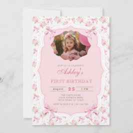 Elegant Rosa Blommigt och Bow Girl Birthday Inbjudningar
