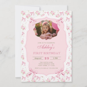 Elegant Rosa Blommigt och Bow Girl Birthday Inbjudningar