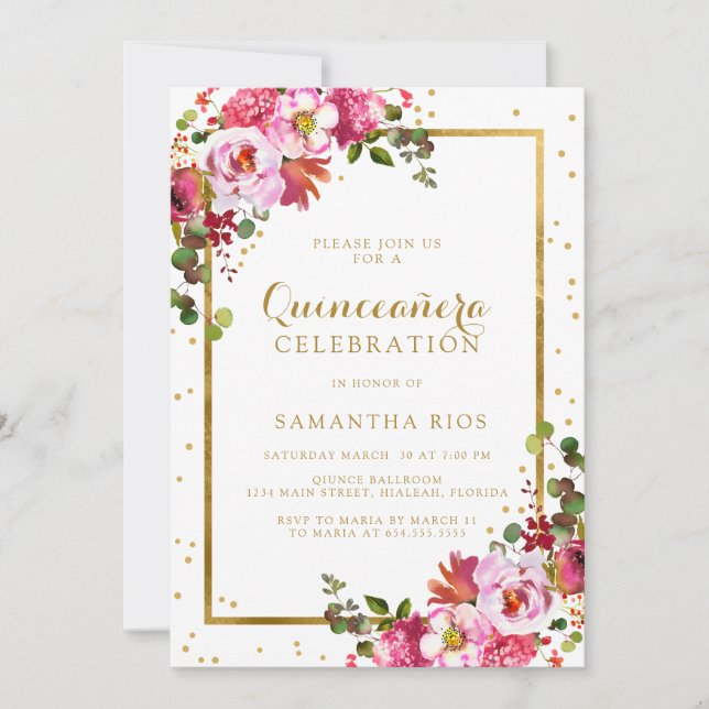 Elegant Rosa Blommigt och Golden Ram Quinceanera Inbjudningar (Framsida)