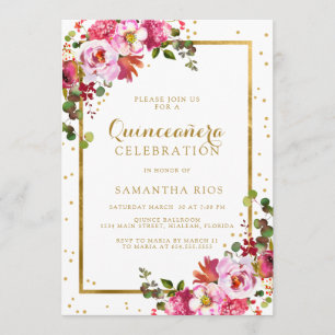 Elegant Rosa Blommigt och Golden Ram Quinceanera Inbjudningar
