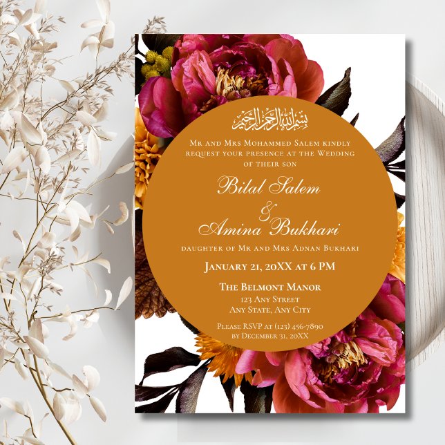 Elegant Rosa Blommigt och Guld Islamiska Bröllop Inbjudningar (Skapare uppladdad)