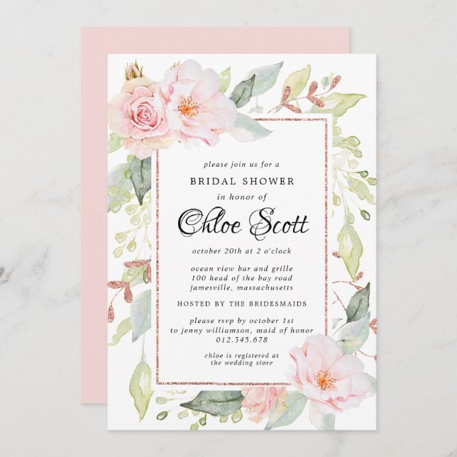 Elegant Rosa Blommigt och Ro Guld Möhippa Inbjudningar (Fram/baksida)