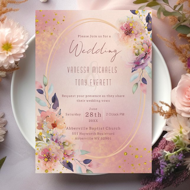 Elegant Rosa Blommigt Oval Geometric Ram Bröllop Inbjudningar (Elegant Pink Floral Oval Geometric Frame Wedding Invitation)