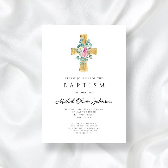 Elegant Rosa Blommigt Peonies Kor Baptism Inbjudningar (Elegant Pink Floral Peonies Cross Baptism Invitation)
