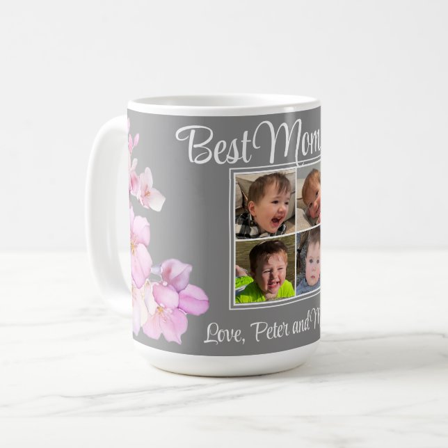Elegant rosa blommigt personlig fyra foton kaffemugg (Framsida vänster)