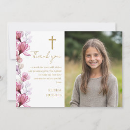 Elegant Rosa Blommigt Photo First Heliga Communion Tack Kort