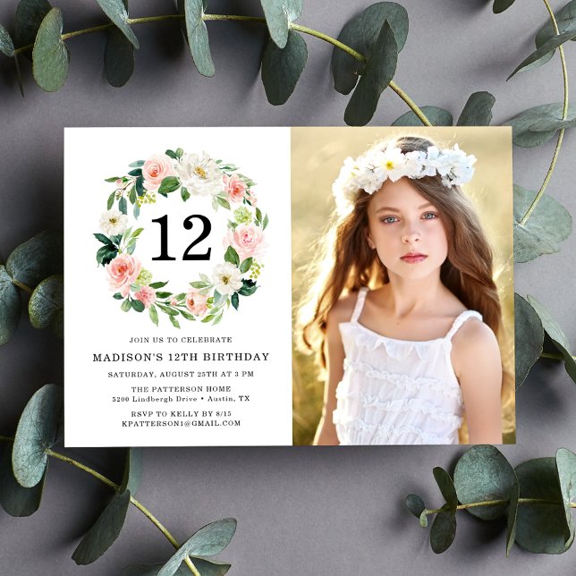 Elegant  Rosa Blommigt Photo Födelsedagsfest Inbjudningar (Skapare uppladdad)