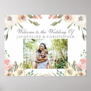 Elegant  Rosa Blommigt Photo Garden Wedding Poster