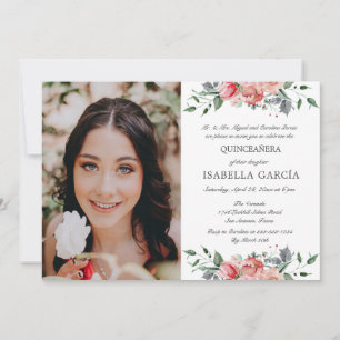 Elegant Rosa Blommigt Photo Quinceañera-inbjudan Inbjudningar
