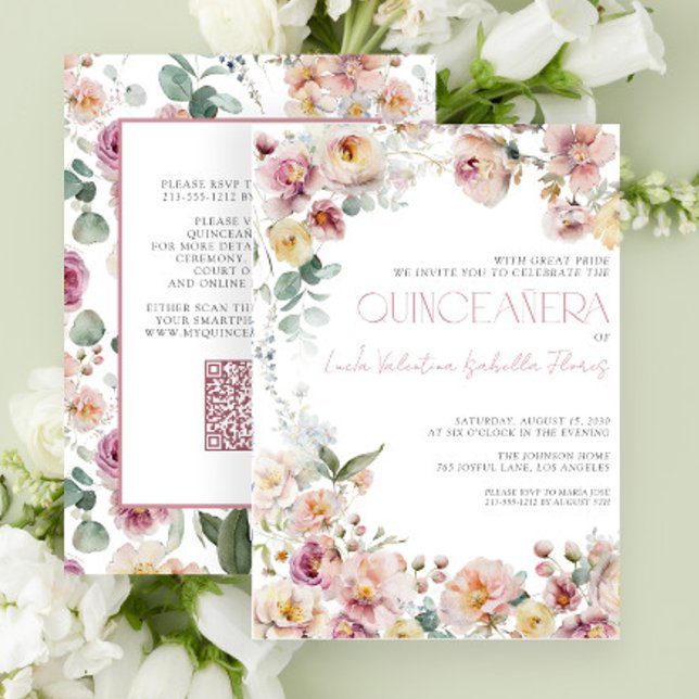 Elegant  Rosa Blommigt QR Quinceañera Inbjudningar (Skapare uppladdad)
