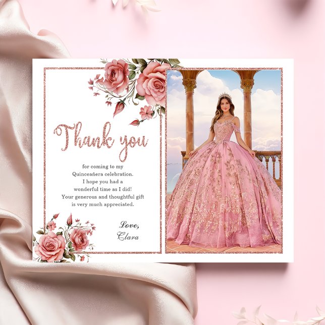 Elegant  Rosa Blommigt Quinceañera Birthday Tack Kort (Skapare uppladdad)