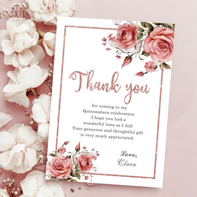 Elegant  Rosa Blommigt Quinceañera Birthday Tack Kort (Skapare uppladdad)