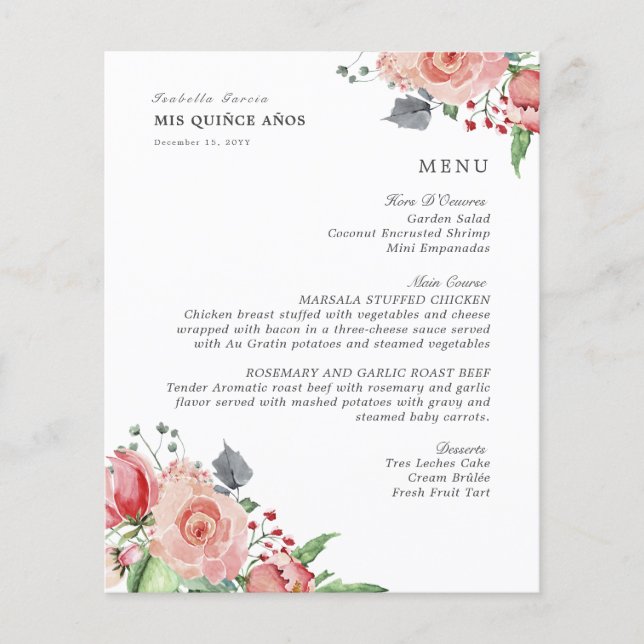 Elegant Rosa Blommigt Quinceanera Food Drinks Menu (Framsida)