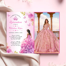 Elegant  Rosa Blommigt Quinceañera-inbjudan Inbjudningar