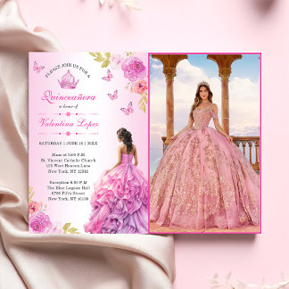 Elegant Rosa Blommigt Quinceañera-inbjudan Inbjudningar