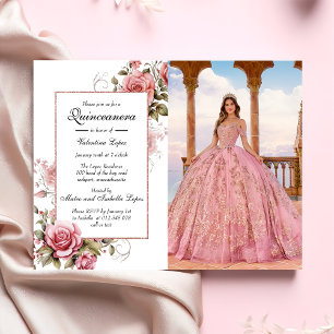 Elegant Rosa Blommigt Quinceanera-inbjudan Inbjudningar