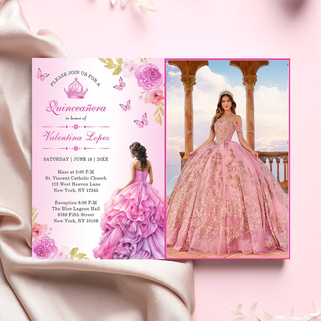 Elegant  Rosa Blommigt Quinceañera-inbjudan Inbjudningar (Skapare uppladdad)