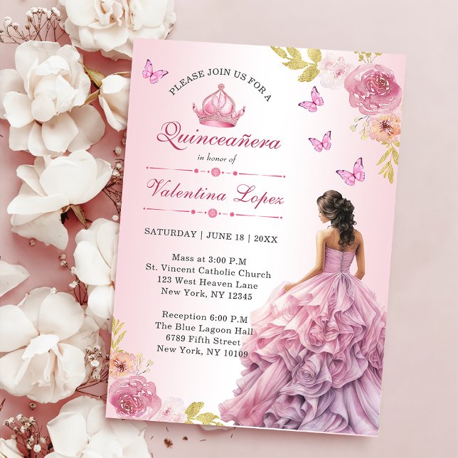 Elegant  Rosa Blommigt Quinceañera-inbjudan Inbjudningar (Skapare uppladdad)