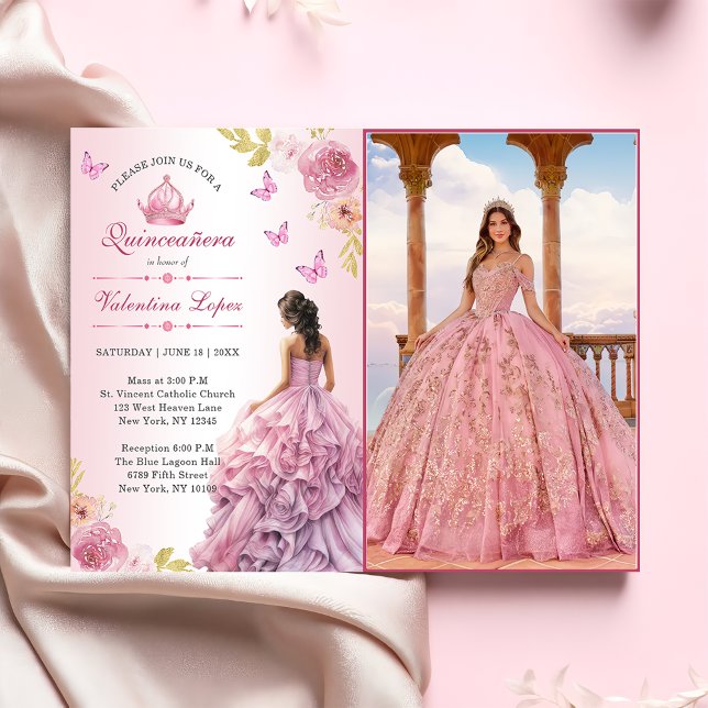 Elegant  Rosa Blommigt Quinceañera-inbjudan Inbjudningar (Skapare uppladdad)