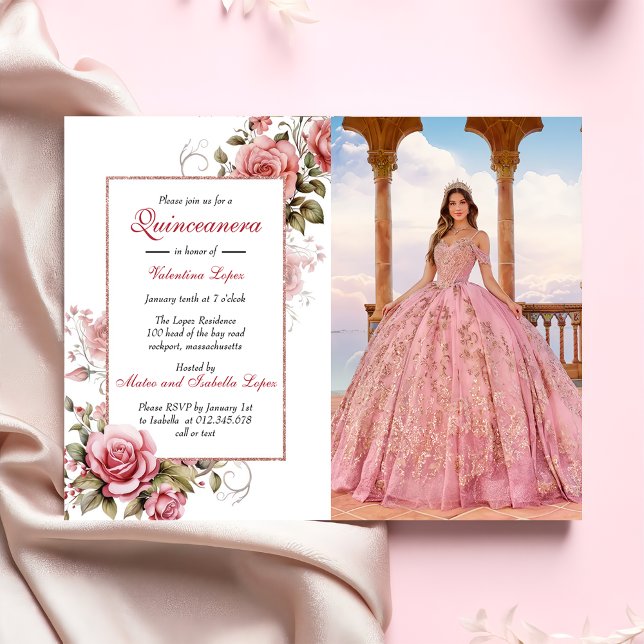 Elegant  Rosa Blommigt Quinceañera-inbjudan Inbjudningar (Skapare uppladdad)