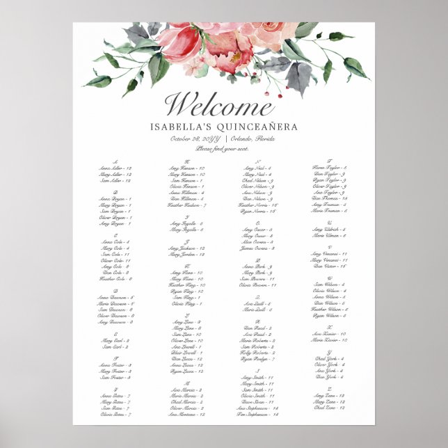 Elegant Rosa Blommigt Quinceañera-inbjudan Poster (Framsidan)