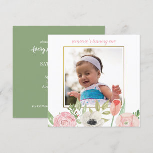 Elegant  Rosa Blommigt Ram Baby 1:a födelsedag Inbjudningar