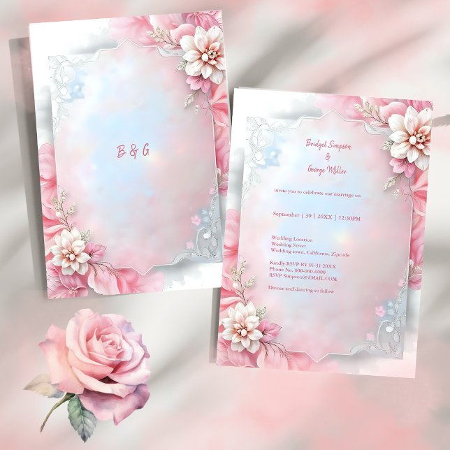 Elegant Rosa Blommigt Ram Mjuk pastellglöd bröllop Inbjudningar (Skapare uppladdad)