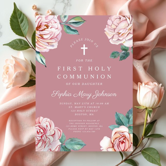 Elegant Rosa Blommigt Religiösa Girl First Communi Inbjudningar (Elegant Pink Floral Religious Girl First Communion Invitation)